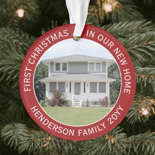 2 House Pictures First Xmas New Zuhause Red and Wh Ornament
