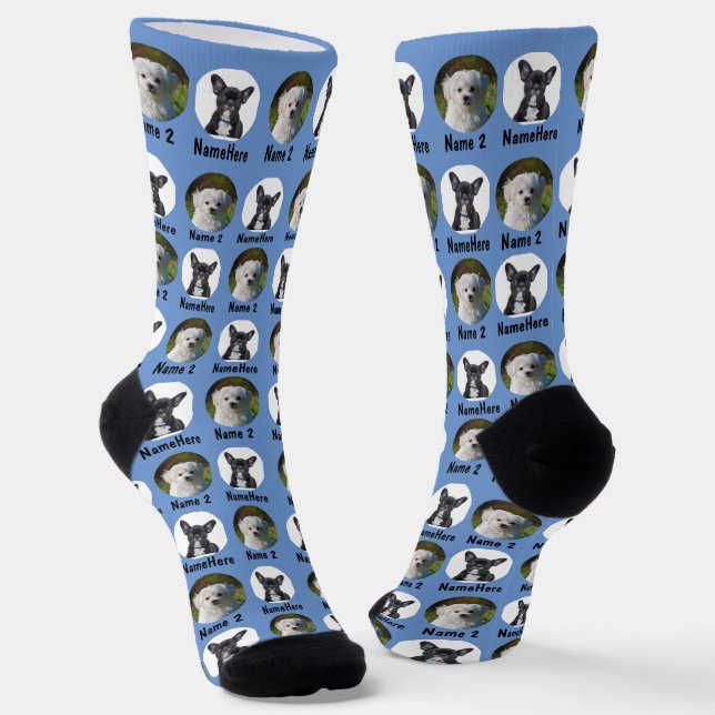 2 Hunde 2 Namen Personalisiert Hunde Foto Blau Socken (Gewinkelt)