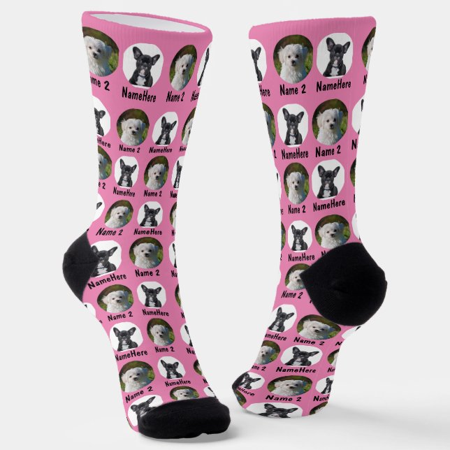 2 Hunde 2 Namen Personalisiert Hunde Foto Rosa Socken (Gewinkelt)