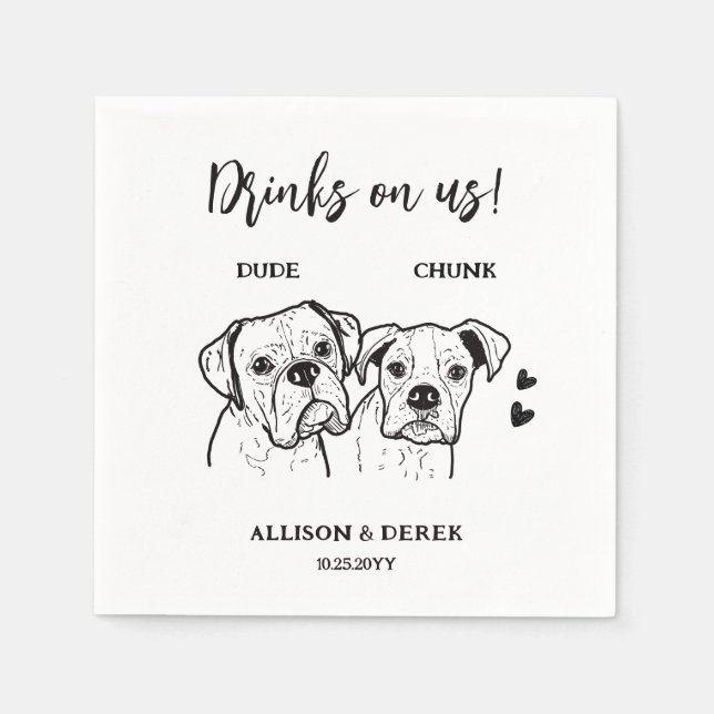 2 Hunde Doodle Zeichnend Getränke auf uns Hochzeit Serviette (Vorderseite)