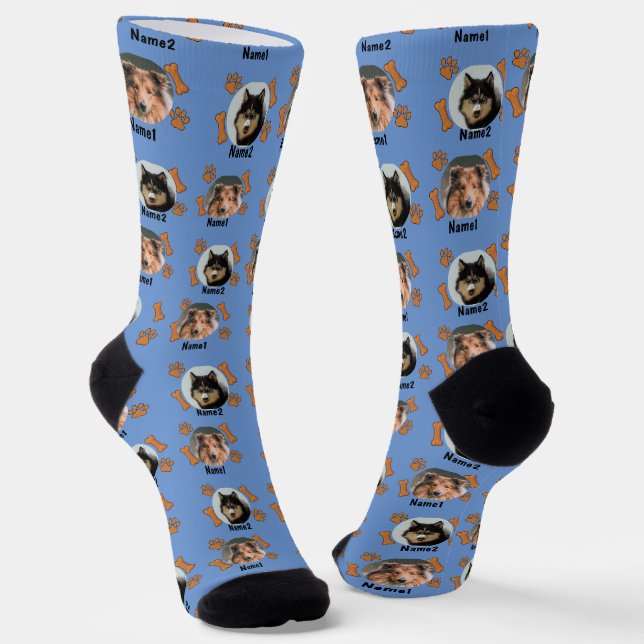 2 Hunde Fotos 2 Namen + Knochen & Paw Prints - Bla Socken (Gewinkelt)