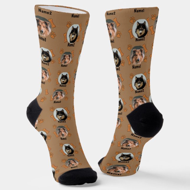 2 Hunde Fotos 2 Namen + Knochen & Paw Prints - bra Socken (Gewinkelt)