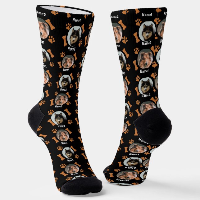 2 Hunde Fotos 2 Namen + Knochen & Paw Prints - Sch Socken (Gewinkelt)
