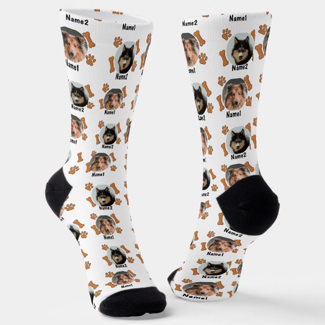2 Hunde Fotos 2 Namen + Knochen & Paw Prints - wei Socken (Gewinkelt)