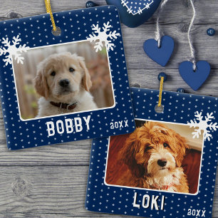 2 Hunde Haustiere Fotos Schneeflocken Blauer Weihn Keramikornament
