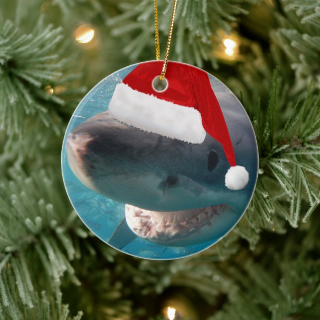 2-in-1 Great White Christmas Sharks Red Weihnachts Keramik Ornament (Baum)