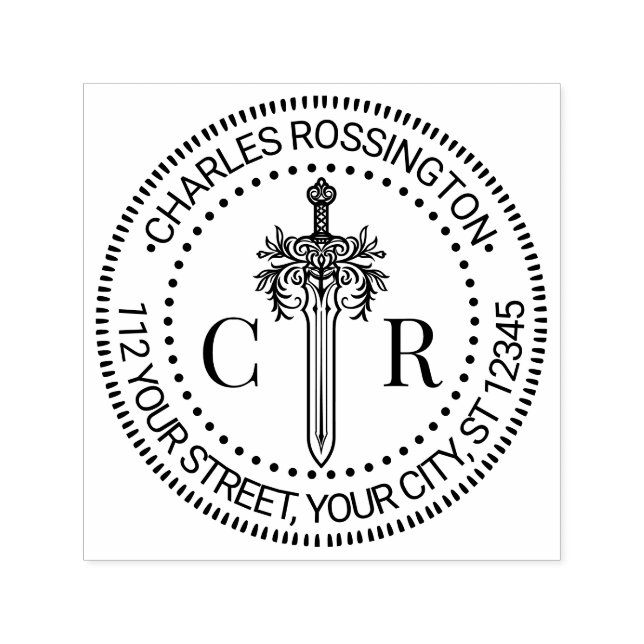 2 Initial Monogram Floral Sword #4 Namensadresse Permastempel (Design)