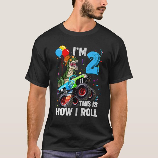 2 Jahre alt Rex Dinosaurier Monster Truck 2. Gebur T-Shirt (Vorderseite)