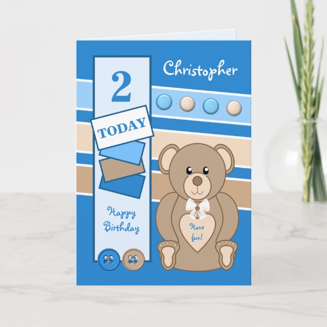 2 Jahre alt Teddy Bär Kinder blau braun Karte (Vorderseite)