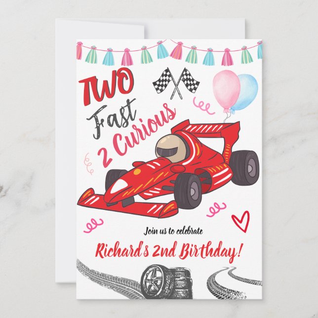 2-jähriges Kind Zwei Fast Red Race Car Thema Gebur Einladung (Vorderseite)