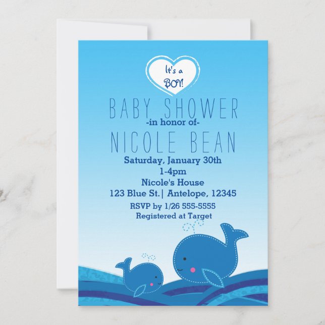 2 Jolies baleines bleues Baby shower Invitations (Devant)