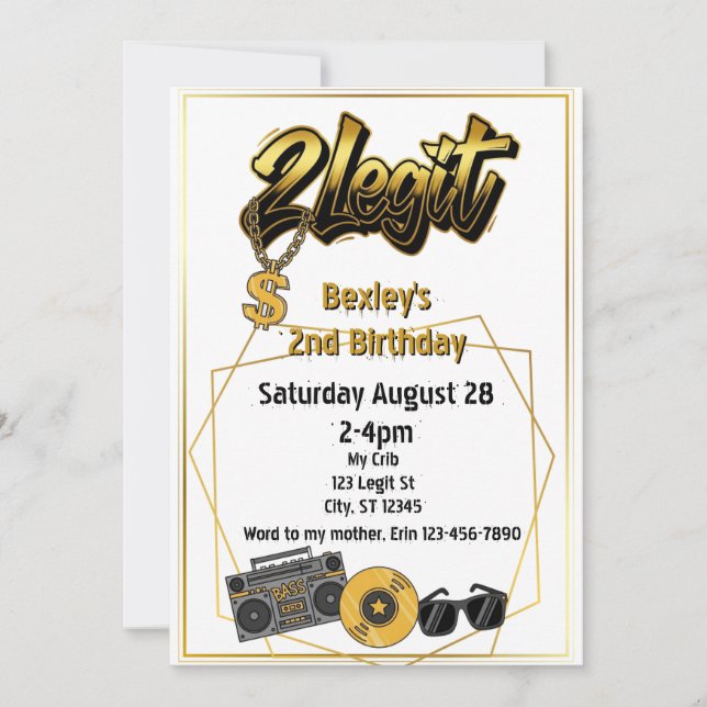 2 Legit, Musical 2nd Birthday invitation (Devant)