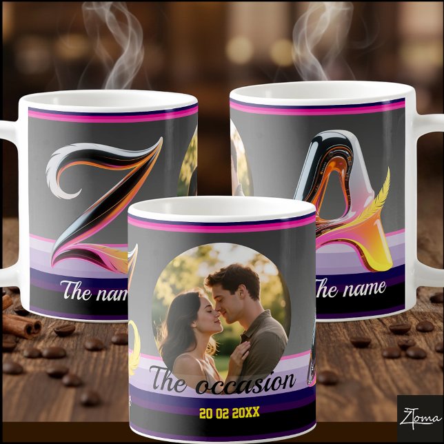 2 letters, 2 names, an occasion, a picture & Date Kaffeetasse (EDIT to change the occasion, names, date, & picture & also choose from 26 decorative characters.)