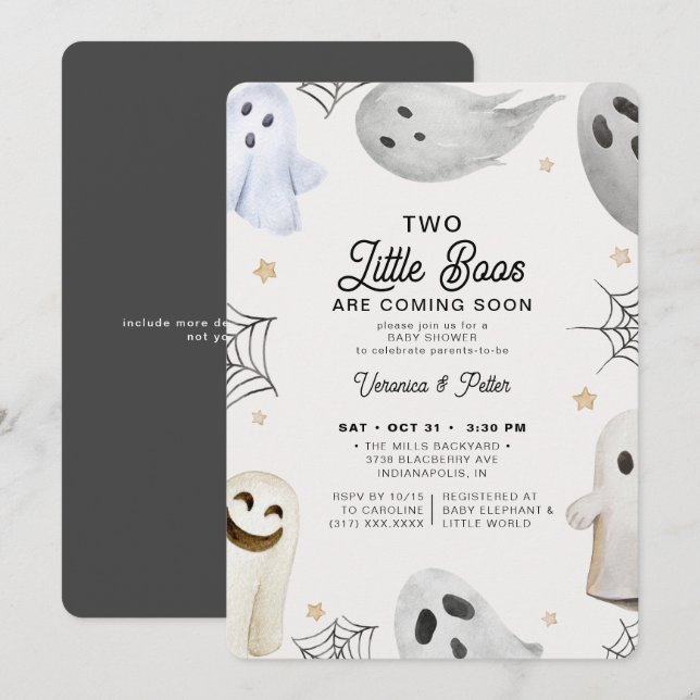2 Little Boos Neutral Twins Halloween Babydusche Einladung (Vorne/Hinten)