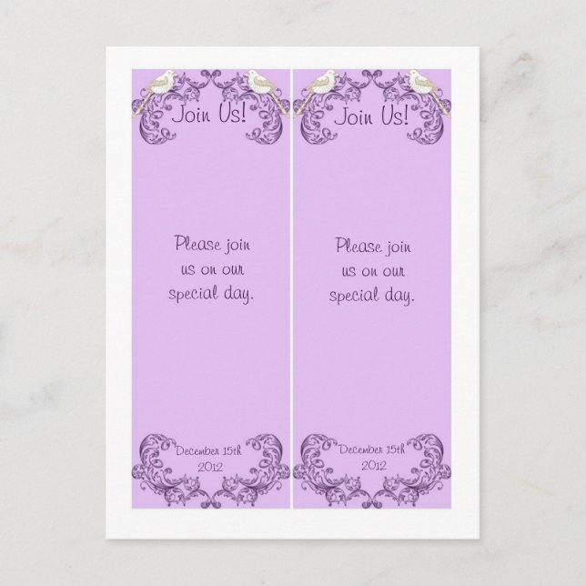 2 Love Birds Lila / Lavender Wedding Lesezeichen Postkarte (Vorderseite)