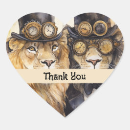 2 Löwen Steampunk Herz-Aufkleber