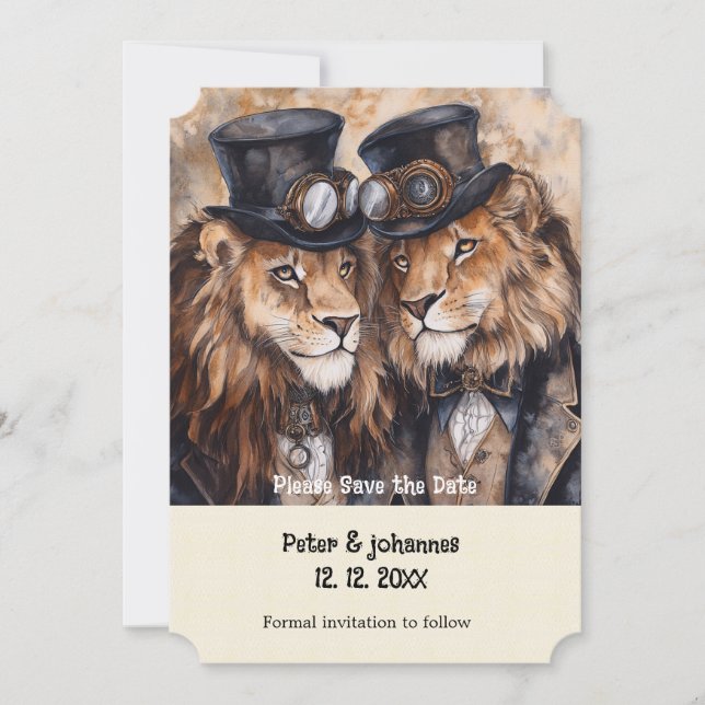 2 Löwen Steampunk Save the Date Einladung (Vorderseite)