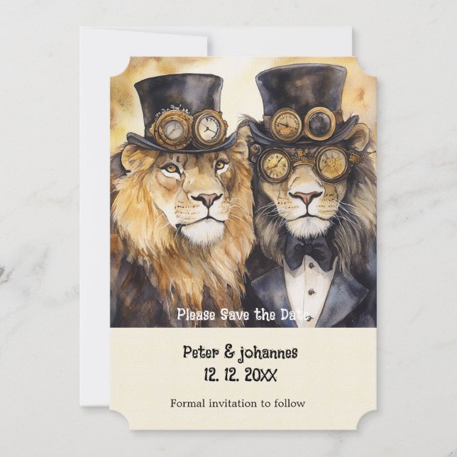 2 Löwen Steampunk Save the Date Einladung (Vorderseite)