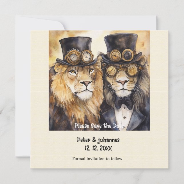 2 männliche Löwen Steampunk Datum speichern Save The Date (Vorderseite)
