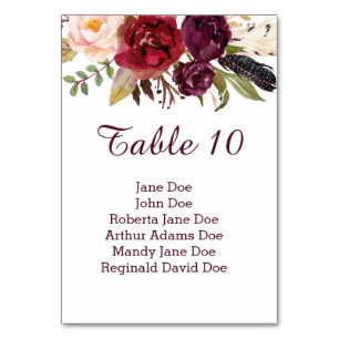#2 Marsala Red White Roses Feathers Boho Table Tischnummer