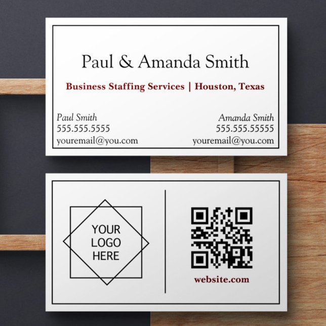 2 Namen mit schwarzer Grenze, QR-Code und Logo Visitenkarte (Business card with spot for two names, company logo, and QR code. Simple black frame & two contacts)