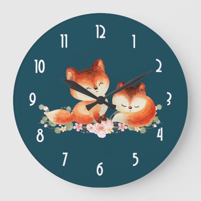 2 Niedliche kleine rote Füchse Wasserfarbdesign Große Wanduhr (Vorderseite)