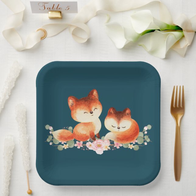 2 Niedliche kleine rote Füchse Wasserfarbdesign Pappteller (Hochzeit)