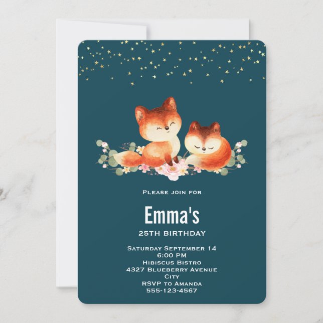 2 Niedliche und gemütliche Rotfüchse zum Geburtsta Einladung (Vorderseite)