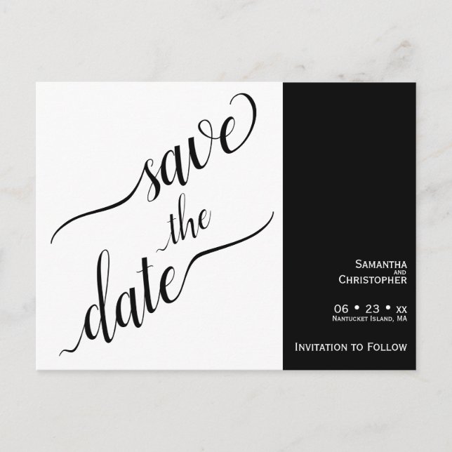 2 Pane Minimal White & Black Wedding Save the Date Postkarte (Vorderseite)