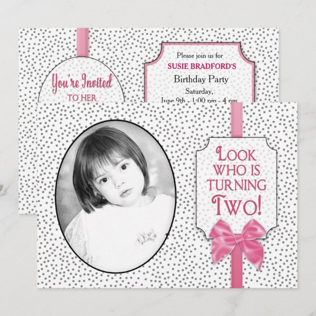 2. Party Einladung BIRTHDAY - Bows & Polka Dots (Vorne/Hinten)