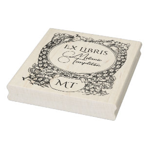 2 Pfauen umgeben eine Topfpflanze Ex Libris Name Gummistempel