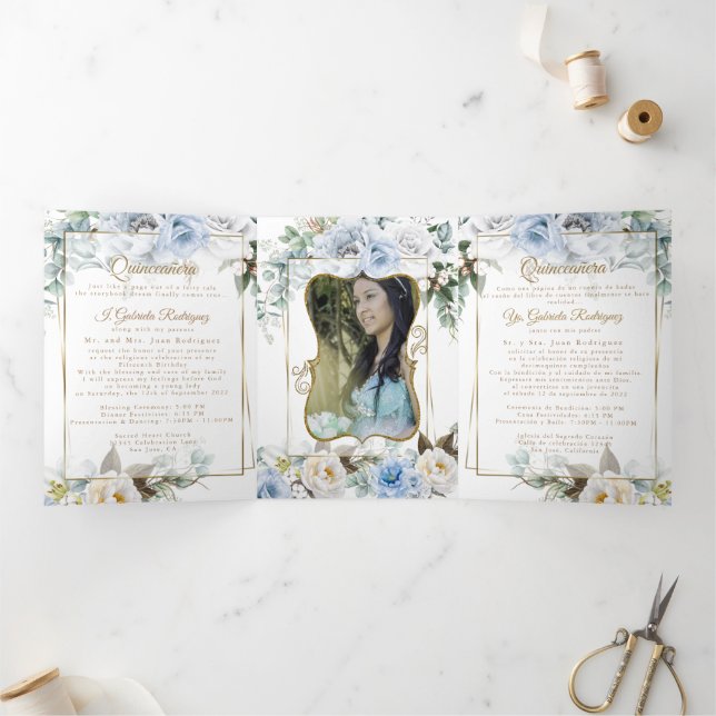 2 Photo Blue Peony Mis Quince Años Tri-Fold (Intérieur)