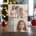 2 Photo Collage Minimal Christmas taupe christmas Feiertagskarte<br><div class="desc">Simple taupe Plaid Pattern on the back - A simple,  minimalist Holiday greeting with 2 photos and modern calligraphy. Crop your photos into squares before uploading.</div>