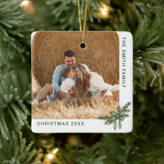 2 Photo Family Christmas Rustic Bow Pine Branch Keramikornament