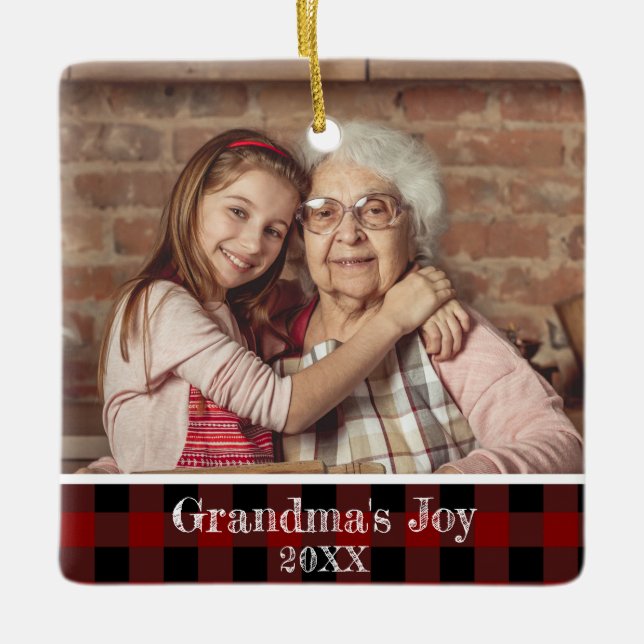 2 Photo Grandma's Joy Red Buffalo Plaid Keramikornament (Vorderseite)