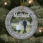 2 Photo Our First Christmas Married Faux Grey Wood Keramik Ornament<br><div class="desc">Celebrate a joyful 1st holiday as Mr. and Mrs. with a custom 2 photo "Our First Christmas Married" round faux grey wood ceramic ornament. All text and images on this template are simple to personalize and can be different or the same on front and back. (IMAGE & TEXT DESIGN TIPS:...</div>