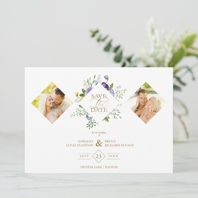 2 Photos Chic Romantic Lilac Shades Floral Bouquet Save The Date (Stehend Vorderseite)