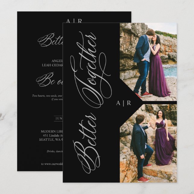 2 Photos Collage Silver Whimsical Luxury Modern Einladung (Vorne/Hinten)