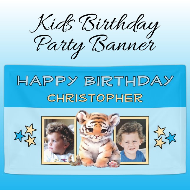 2 photos tiger birthday name kids blue party banner (Von Creator hochgeladen)