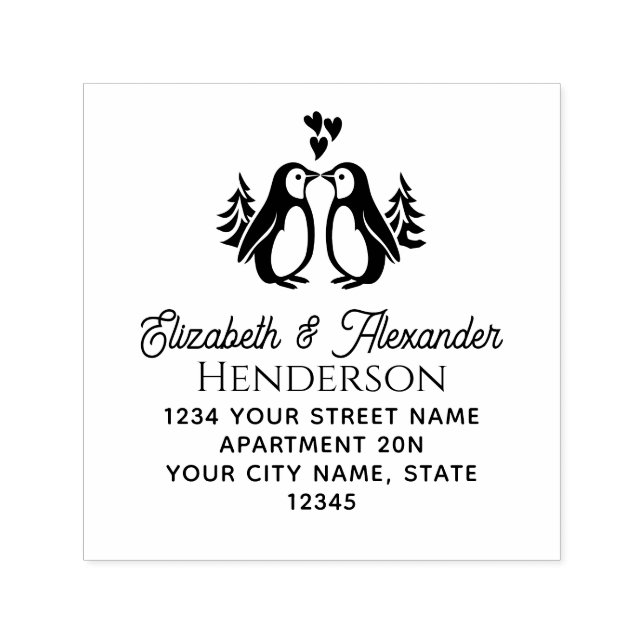 2 Pinguine Kissing, Hearts SQ Name Rücksendeadress Permastempel (Design)