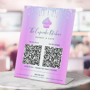 2 QR-Code Bezahlen Sie hier Lila Cupcake Glitter B Sockelschild
