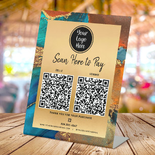 2 QR Code Bezahlen Sie hier Logo Gold Türkis Blau  Sockelschild