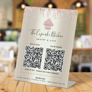 2 QR Code Bezahlung hier Rosa Cupcake Glitzer Gold Sockelschild