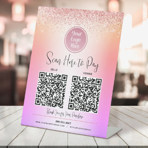 2 QR Code Logo Rosa Glitter Regenbogen Ombre Hier  Sockelschild