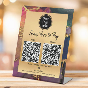 2 QR-Code Pay Here Logo Gold Lila Blau Achat Sockelschild
