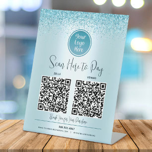 2 QR Code Türkis Glitter Individuelles Logo Hier Z Sockelschild