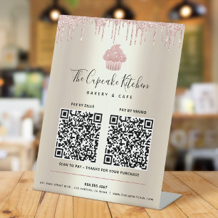 2 QR-Code Zahl hier Rosa Cupcake Glitter Goldtropf Sockelschild