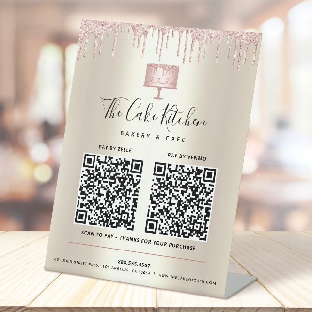 2 QR Codes hier Pink Cake Bake Glitzer Gold Sockelschild (Von Creator hochgeladen)