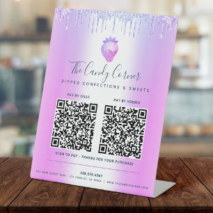 2 QR Codes Zahlen Sie hier Lila Glitter-Tropf-Erdb Sockelschild
