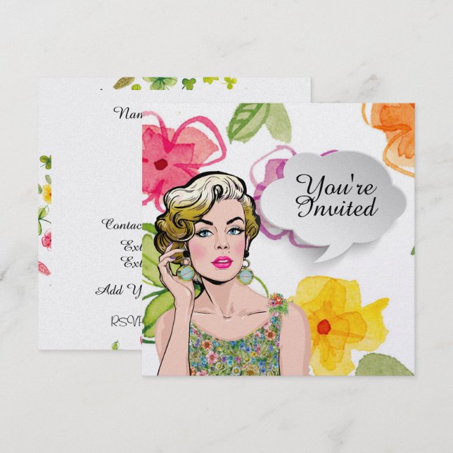 #2 Raffinierte Pop Art Lady Floral Einladung (Vorne/Hinten)